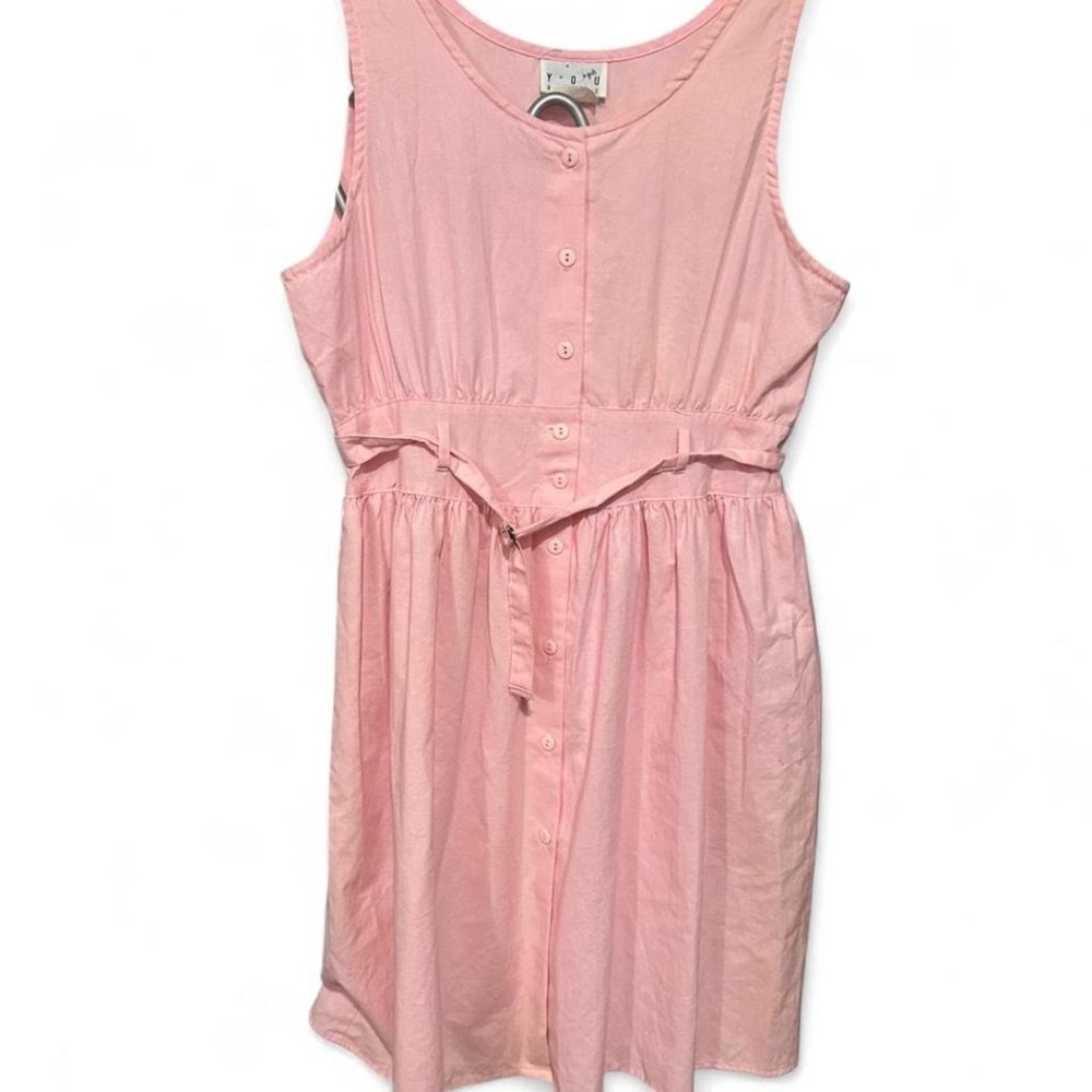 Pink cotton‎ button-up dress with belt retro 80s style runs like m/l (L6) 20"